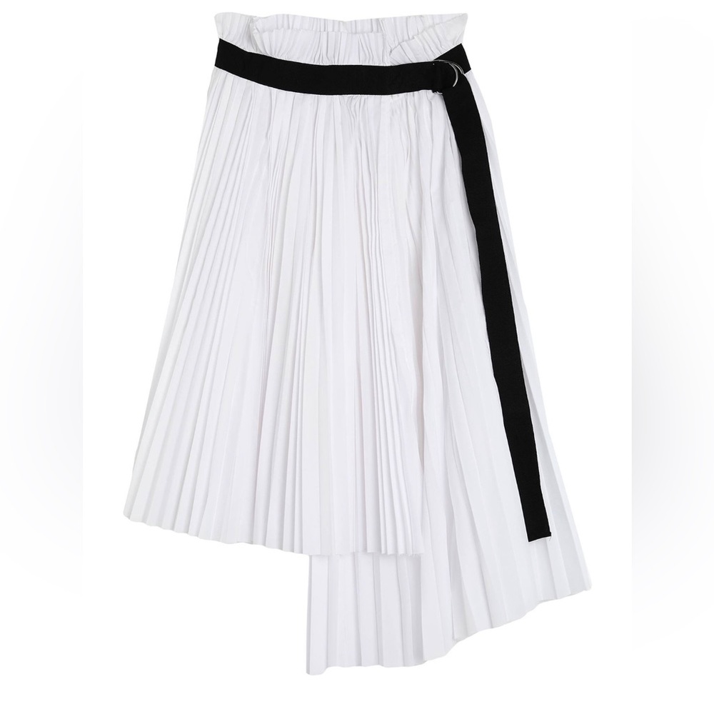 NWOT Meimeij White Pleated Belted Midi Skirt, Size 4